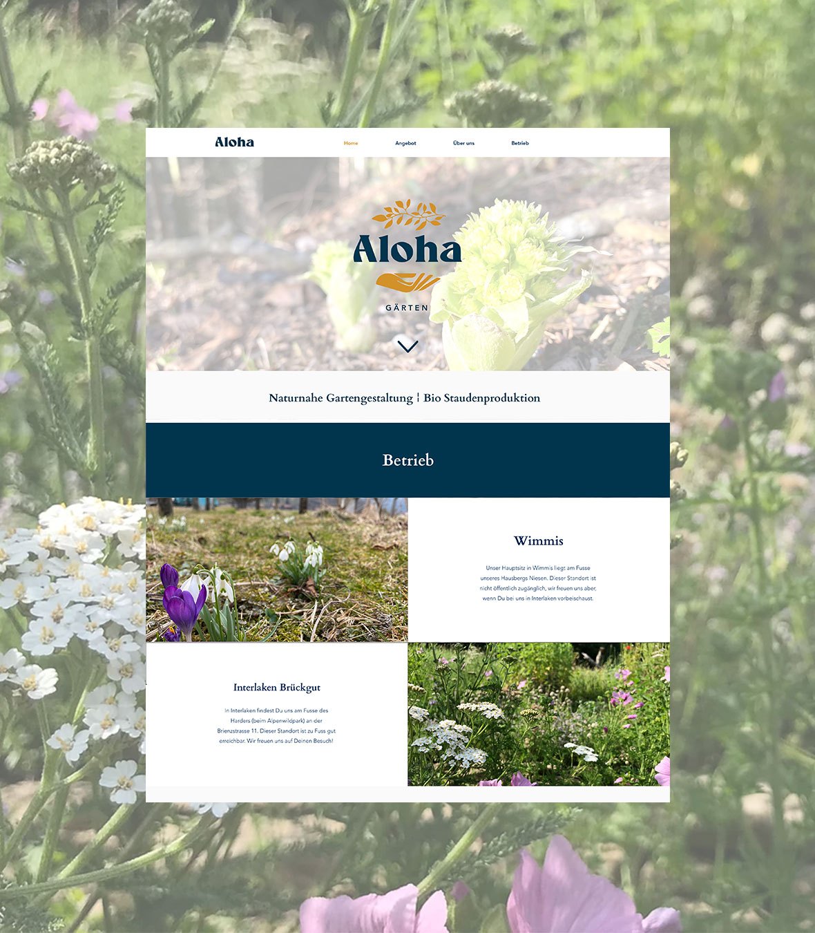 The Aloha G&auml;rten website: hero, positioning line and the two locations