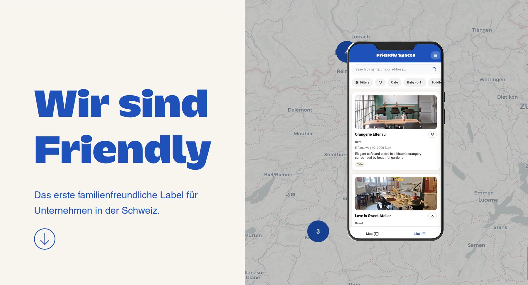 The Friendly Spaces app on a map of Switzerland