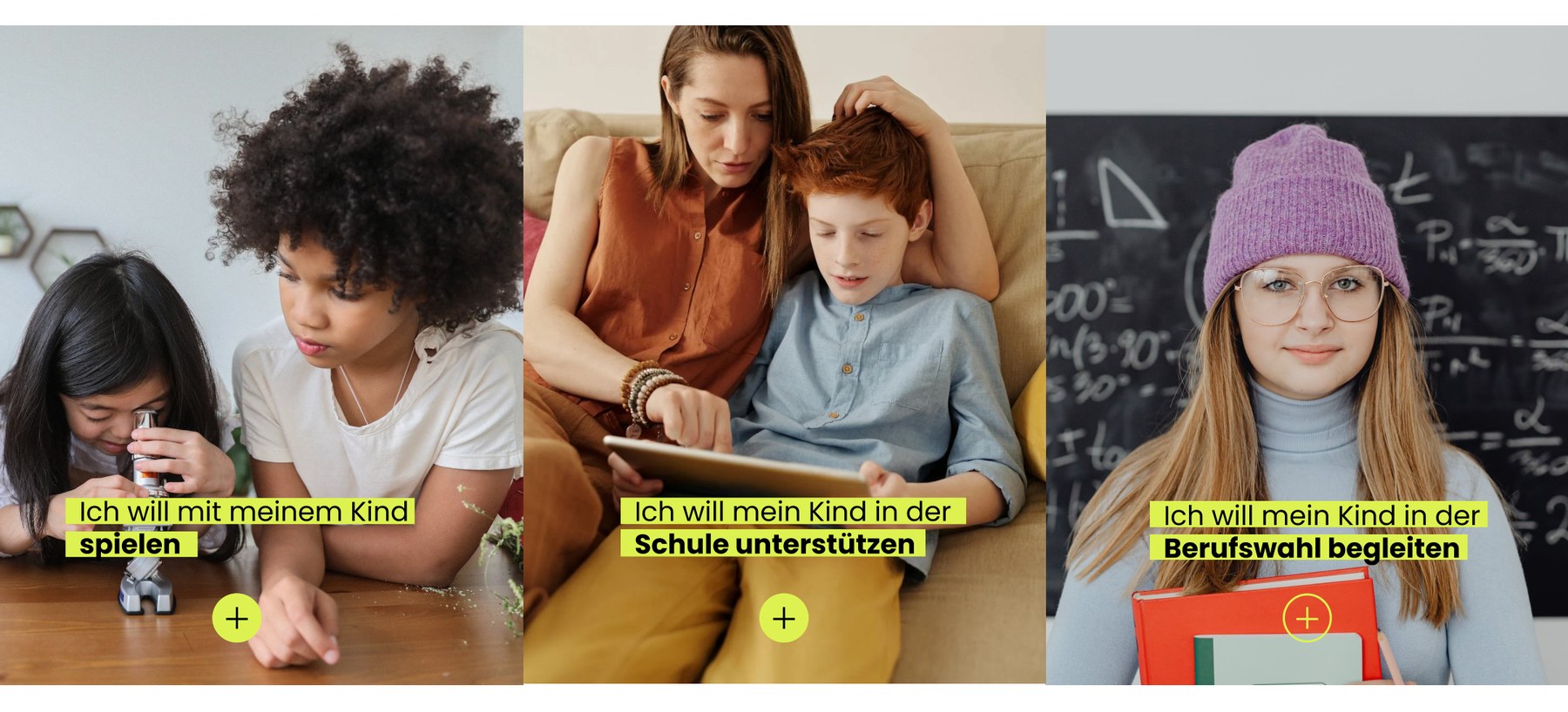 The three entry cards: play with my child, support at school, guide the career choice